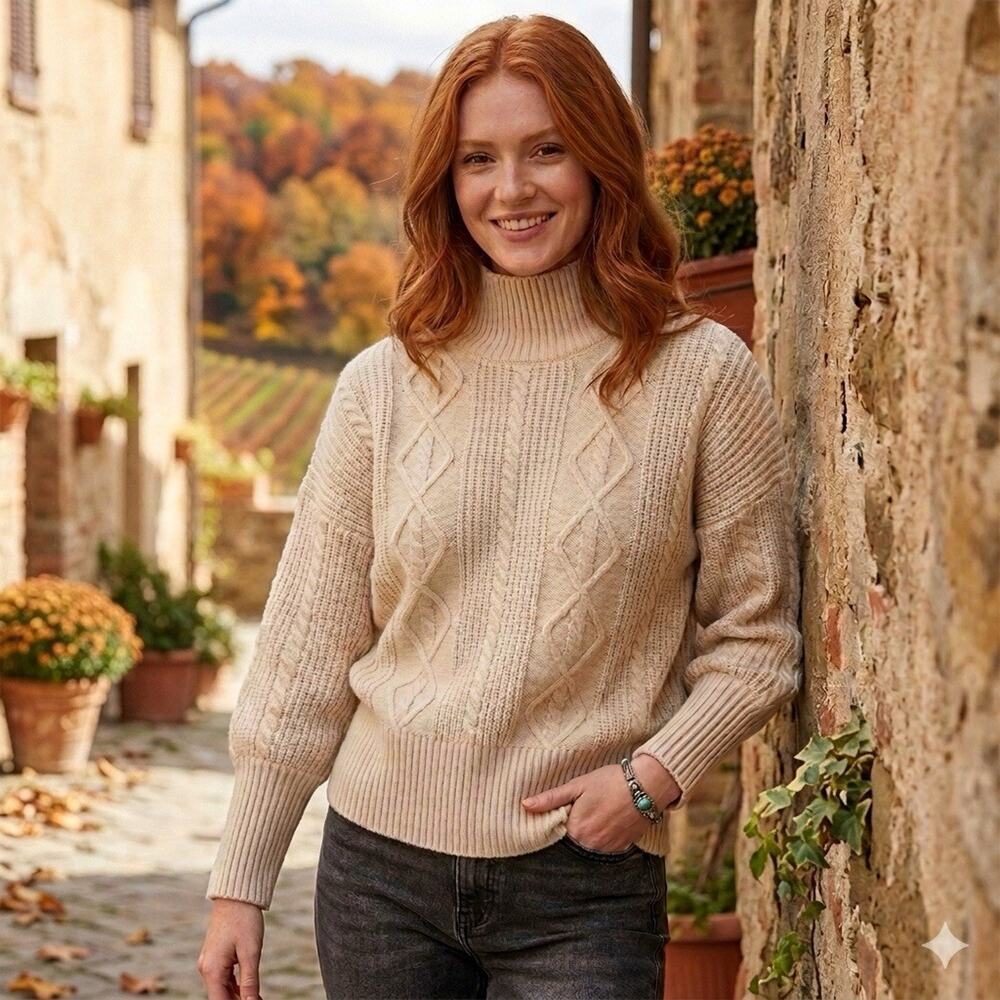 Cremieux Cable Knit Turtleneck Sweater Size Large Cream Fisherman Classic Preppy